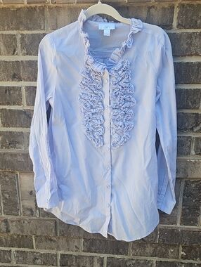 Ann Taylor Loft Lavender Ruffle-Front Button Down Shirt Size Small